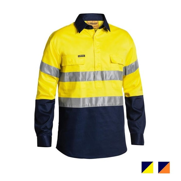 Bisley Hi Vis Taped Closed Front Long Sleeve Drill Shirt